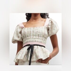 Lulu Von Siga Floral Puff Sleeve Top with Pink Accents NWT
